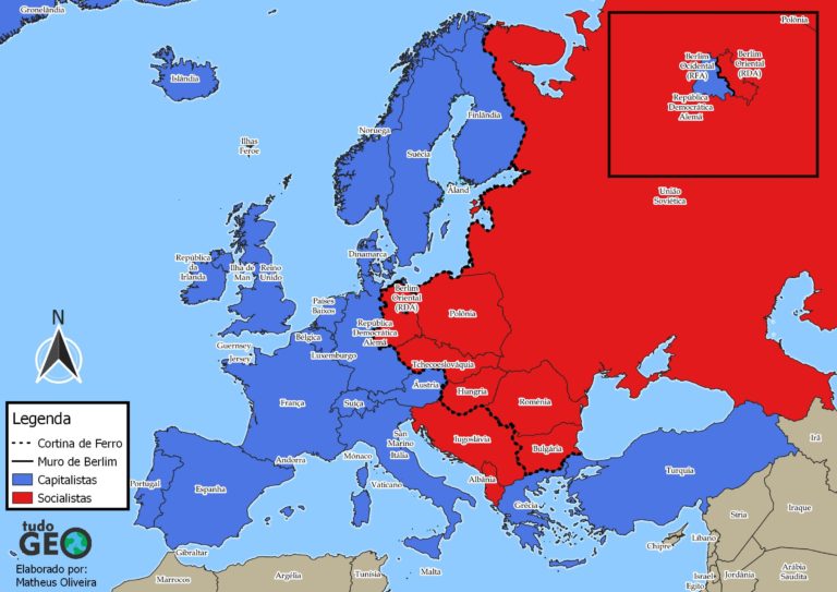 Mapa da cortina de ferro na Europa durante a Guerra Fria - TudoGeo